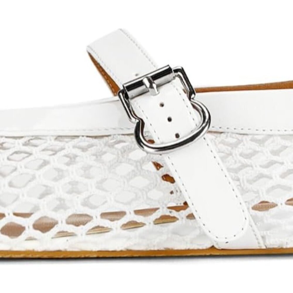 Women's White Mesh Ballet Flats Buckle Strap Fishnet Casual Comfy Office Shoes - Picture 6 of 6